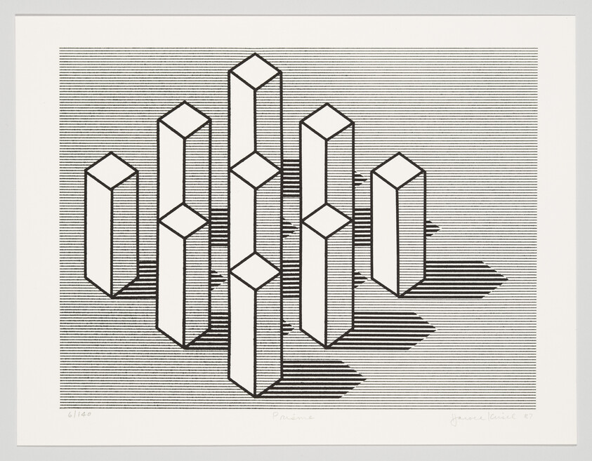 Several tall hexagonal columns stand on a lined surface casting long striped shadows.