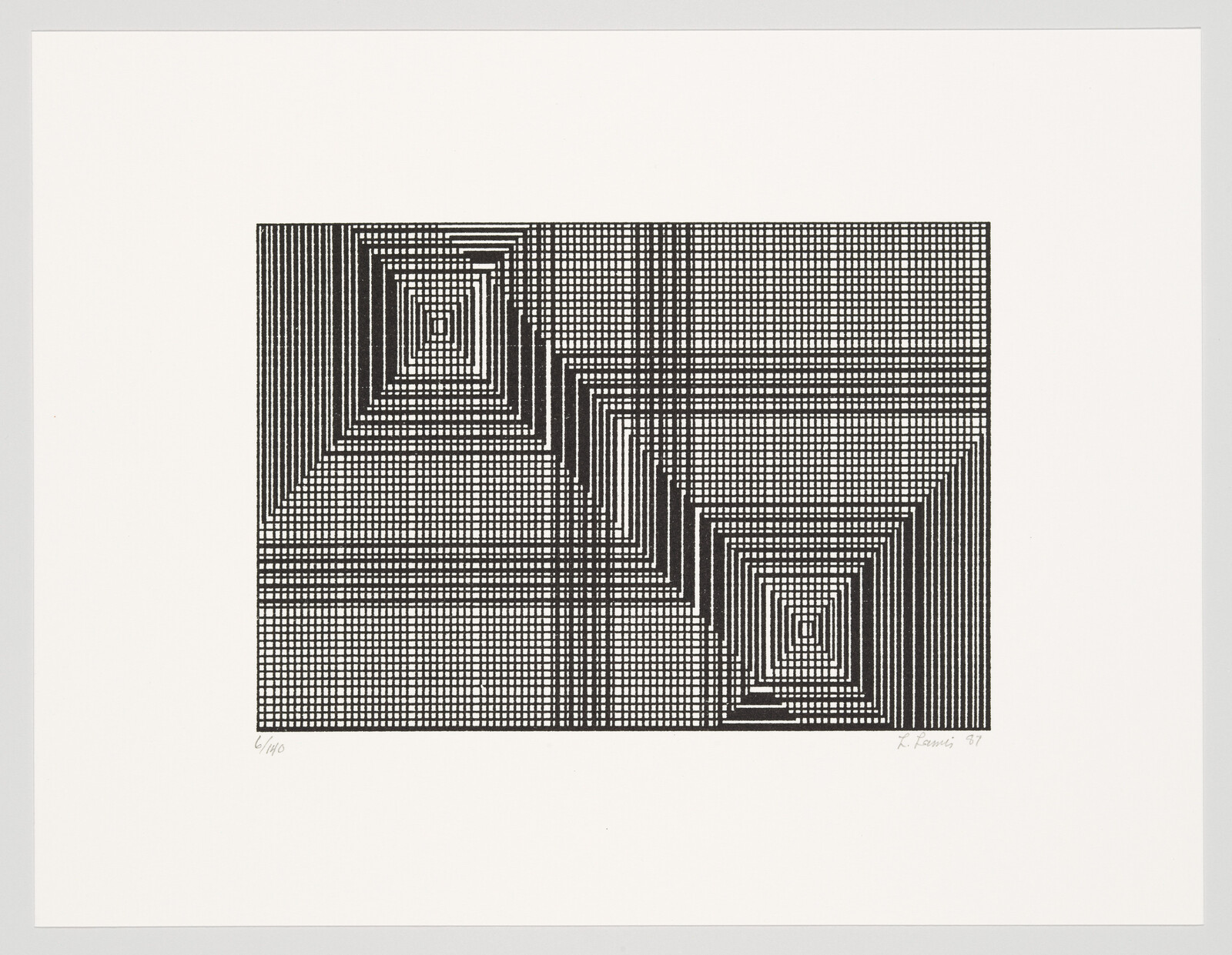 A black and white abstract print featuring a series of squares and rectangles that create an optical illusion of depth, with patterns of dots and lines that appear to recede into the center of the image. The artwork is signed and numbered in the lower corners.