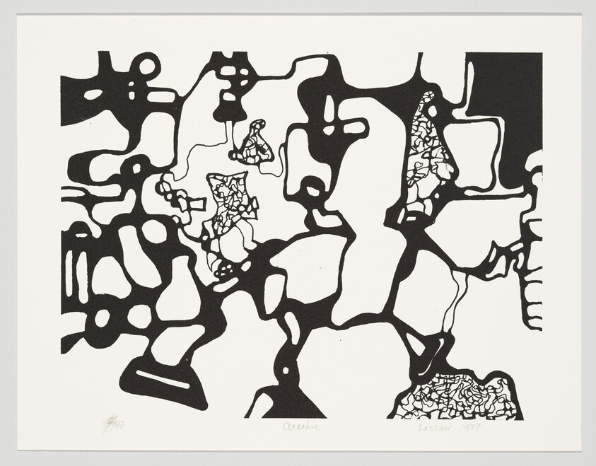 A black and white abstract print featuring interconnected organic shapes and lines with some areas filled in solid black. The artwork is signed and dated in the lower right corner.