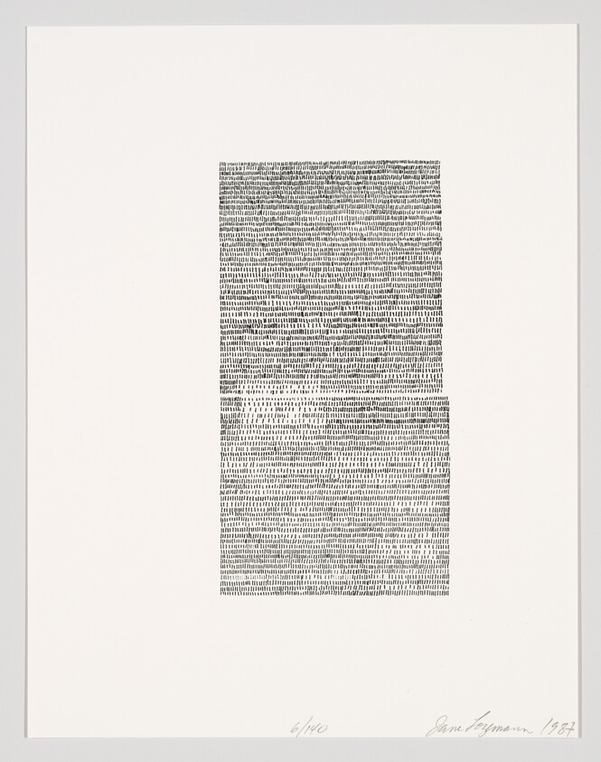 A centered rectangular block of dense, repetitive handwritten marks on a blank white sheet.