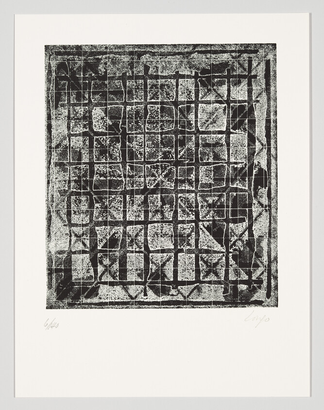 A black and white abstract print featuring a grid-like pattern with textured, distressed markings throughout. The artwork is signed and numbered in pencil on the bottom margin.