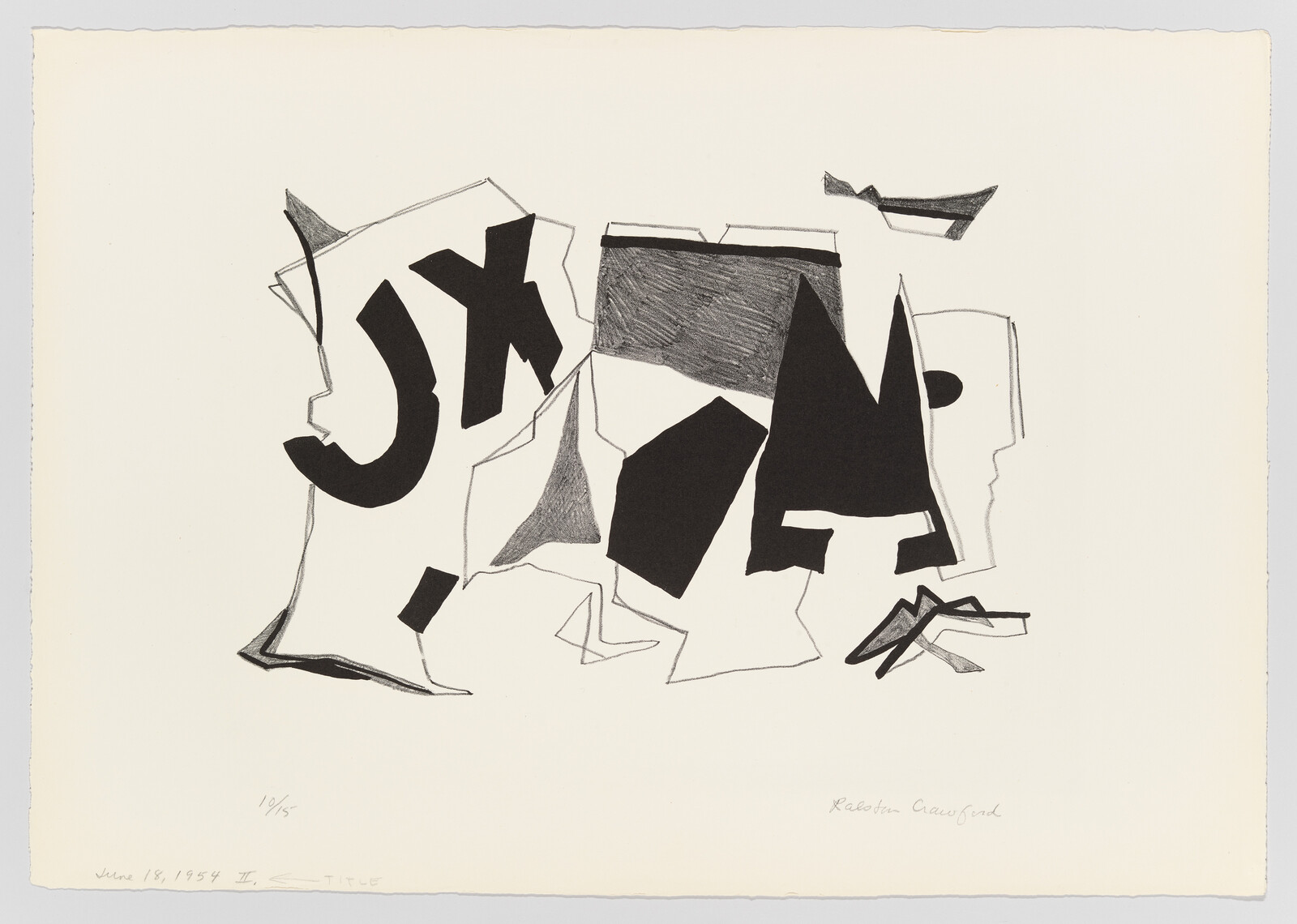 Abstract black cutout shapes and pencil outlines arranged across a white sheet, suggesting fragmented forms.