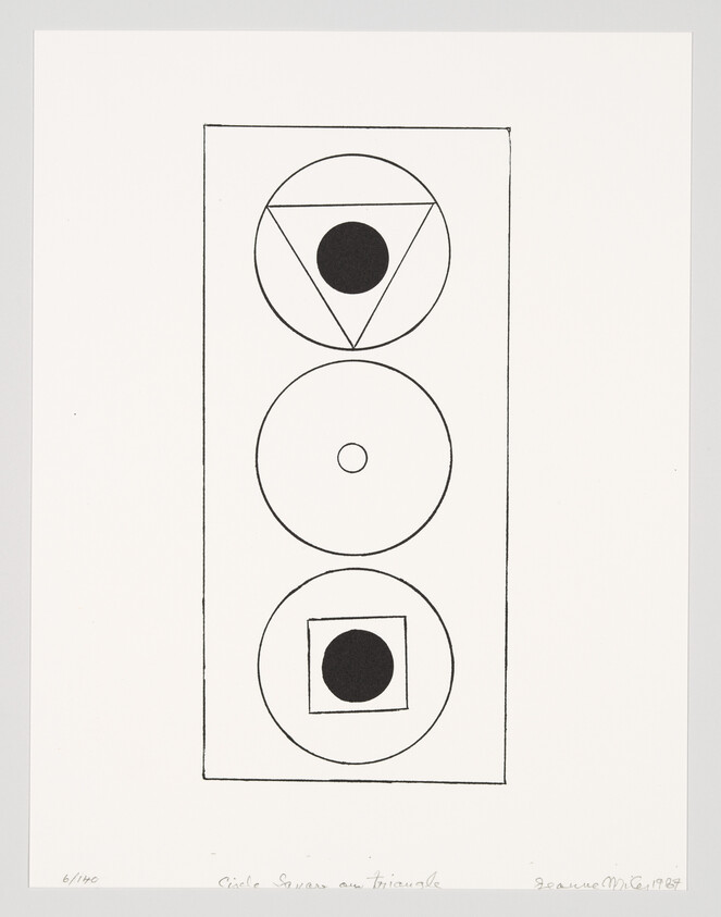 A black and white geometric print featuring a vertical arrangement of three shapes within separate compartments: a circle within a triangle at the top, a plain circle in the middle, and a square within a circle at the bottom. Below the shapes, there's text that reads "Circle Squares and Triangle" and a signature with the date 1987. The print is numbered 6/100 on the bottom left.