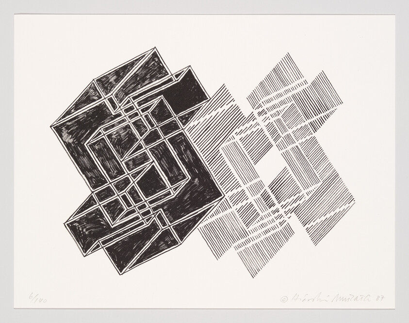 Two overlapping geometric shapes, one solid black and one hatched with diagonal lines, tilted on white background.