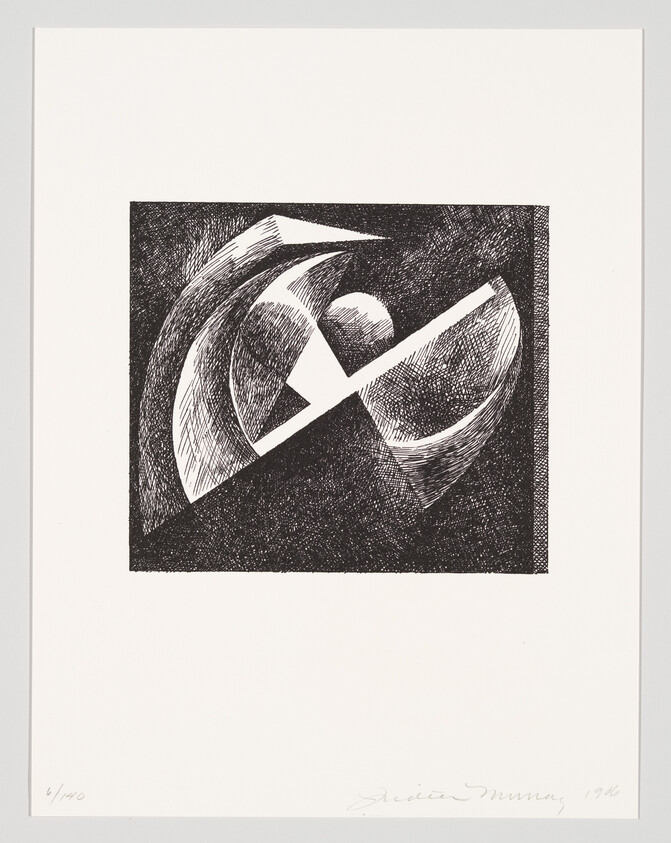 Black-and-white abstract print shows curved geometric shapes and a diagonal bar inside a dark square.