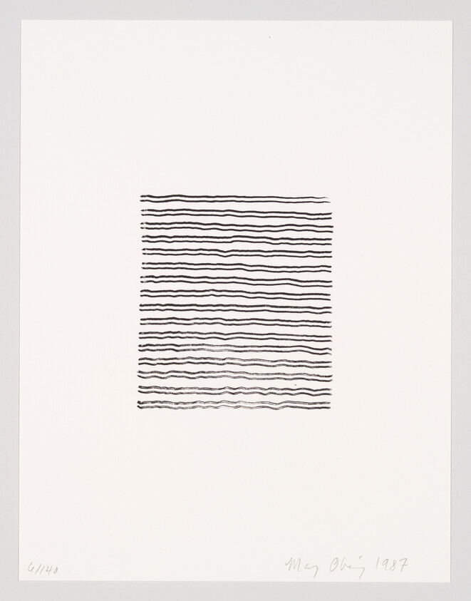 Centered square of evenly spaced wavy black lines on white paper, minimalist printed artwork.