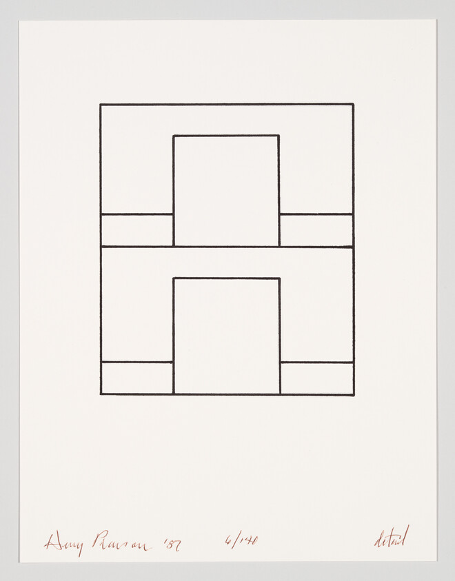 A minimalist black and white artwork featuring a geometric composition of squares and rectangles arranged in a symmetrical pattern, with the artist's signature and edition number handwritten in red ink at the bottom.
