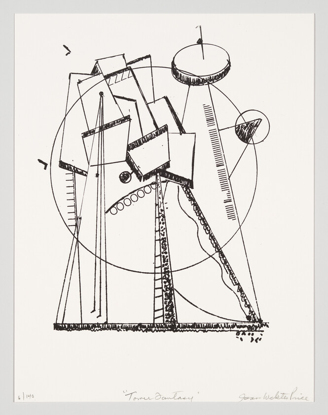 Abstract tower-like structure of geometric shapes, ladders, and circular elements drawn in black ink.