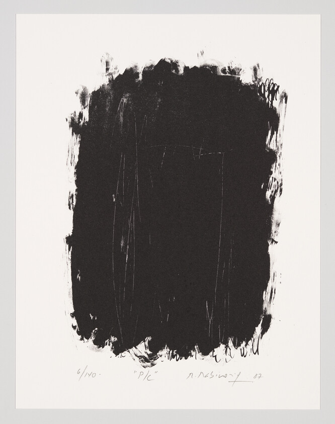 Large roughly rectangular black brushstroke with rough edges and faint pencil marks on white paper.