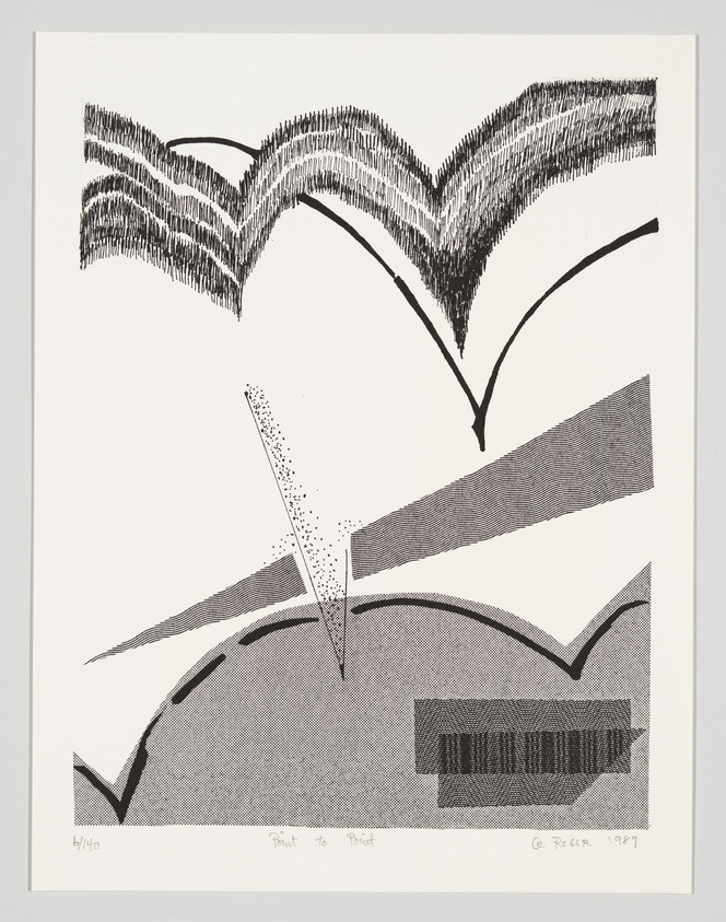 Abstract black-and-white print showing layered curved shapes, a dotted arrow, and textured bands.