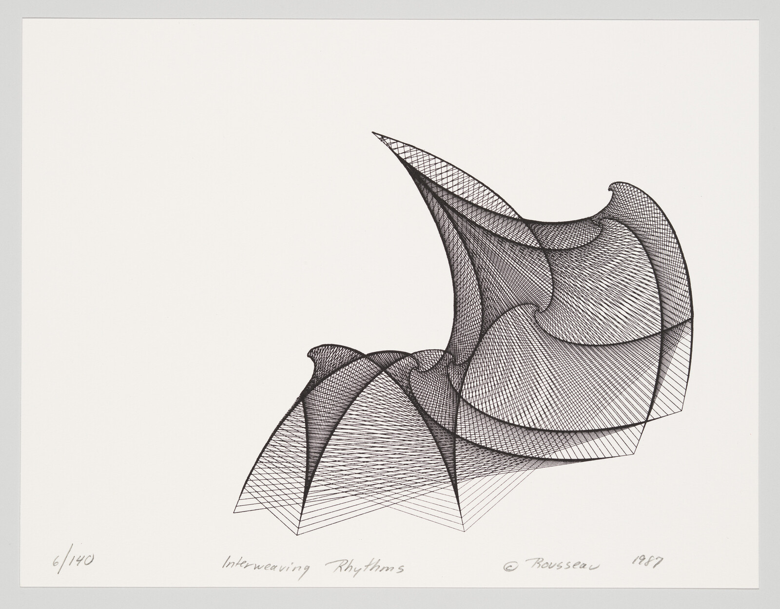 An abstract, black interwoven linear sculpture-like pattern titled "Interweaving Rhythms" on white paper.