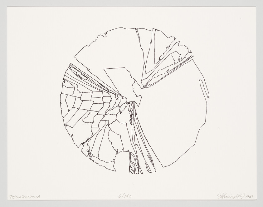 Abstract circular line drawing showing fragmented map-like segments radiating from a central point.