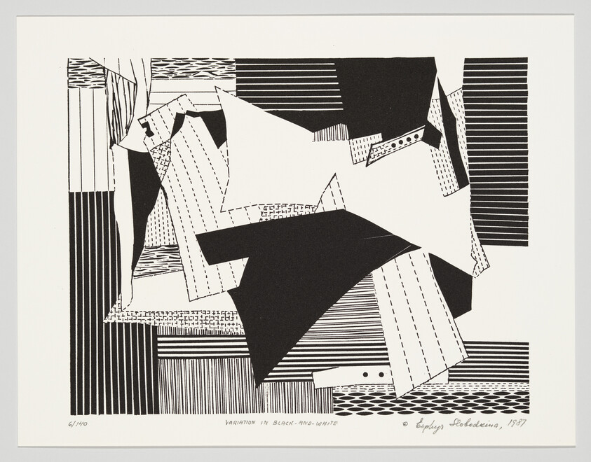 Abstract black-and-white collage of overlapping geometric shapes and varied striped patterns.