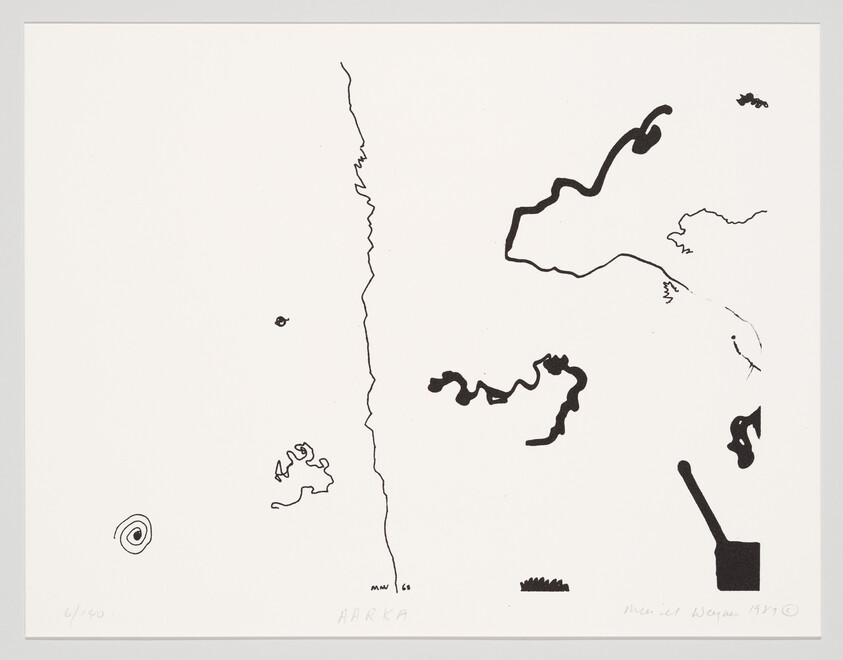 A black and white abstract print featuring various irregular shapes and lines scattered across the page, resembling a map with symbols. Some shapes suggest landmasses or geographic features, while others are more ambiguous. There is a spiral near the bottom left, a jagged vertical line dividing the page, and a dustpan-like shape on the bottom right. The print includes handwritten text and numbers, suggesting it may be part of a limited series.