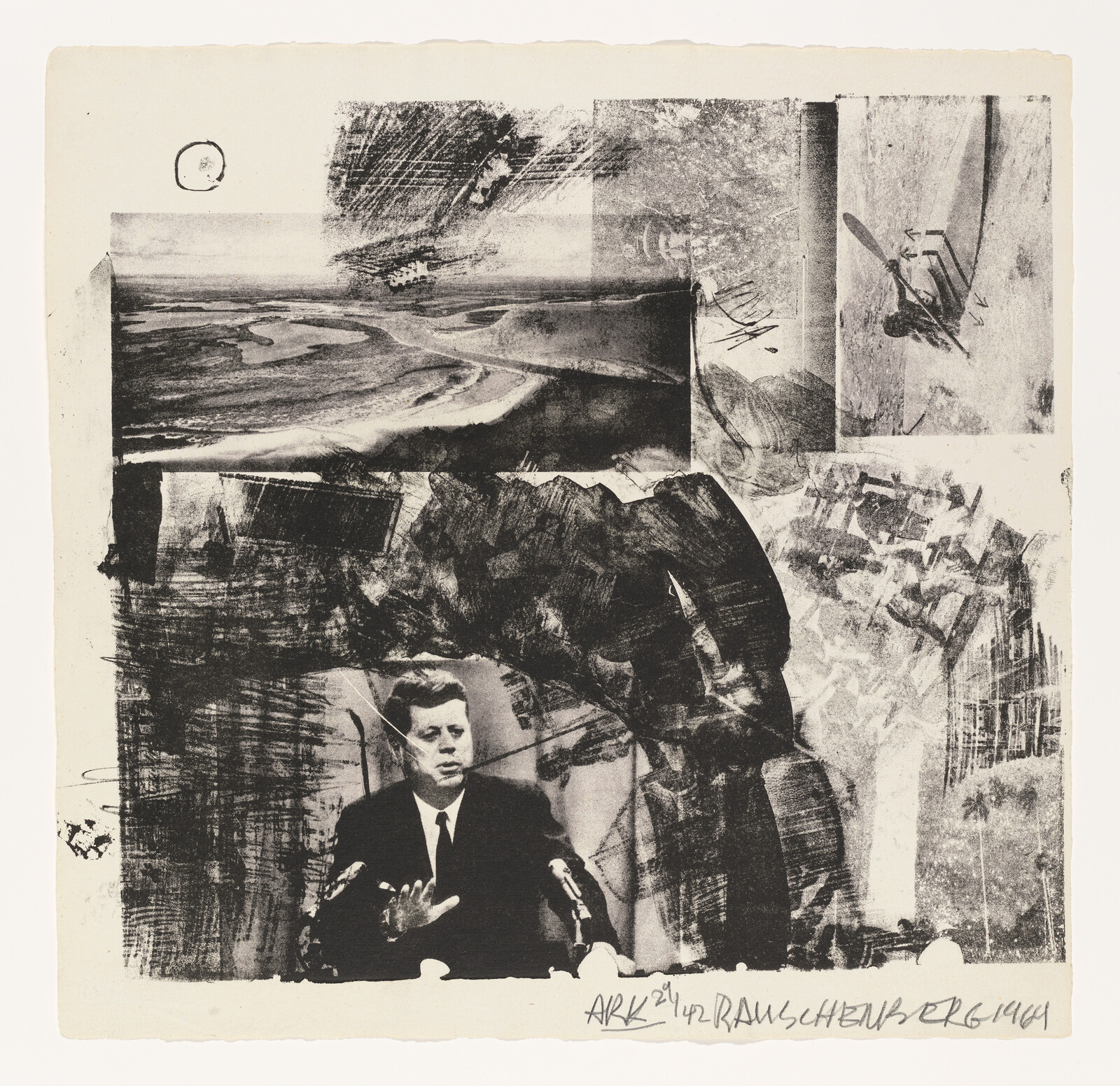 A man in a suit gestures at a podium within a black-and-white collage of landscapes and textures.