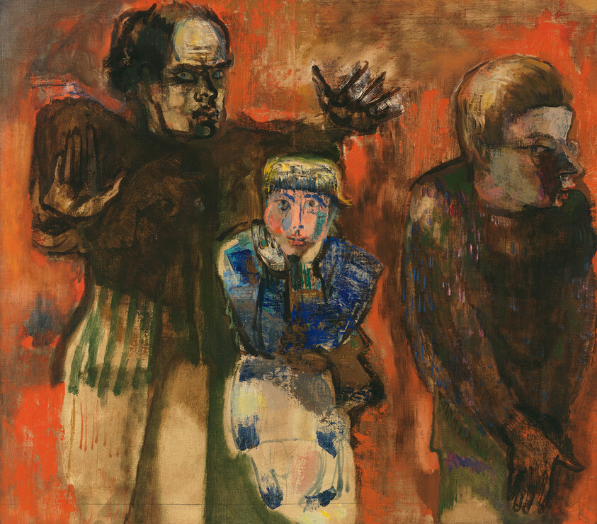 A small child in blue sits between two looming adults with dark, expressive faces.
