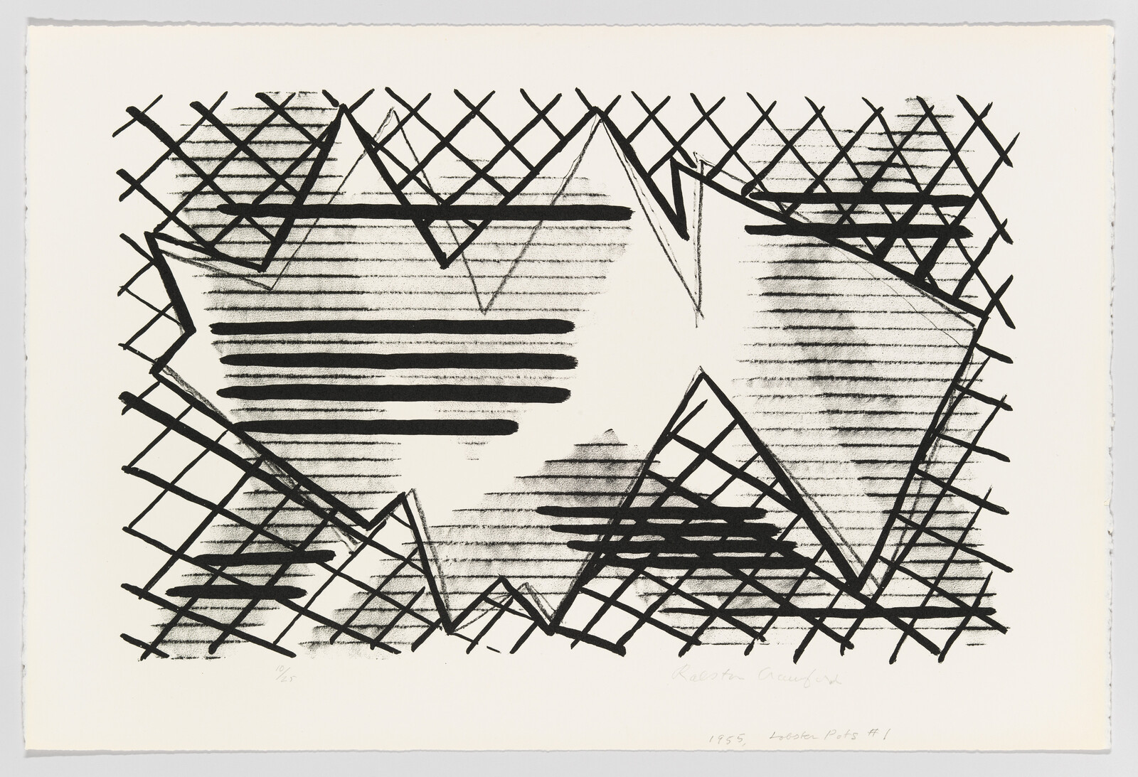 Black crosshatched grid and thick horizontal strokes form jagged star-shaped void in the center.