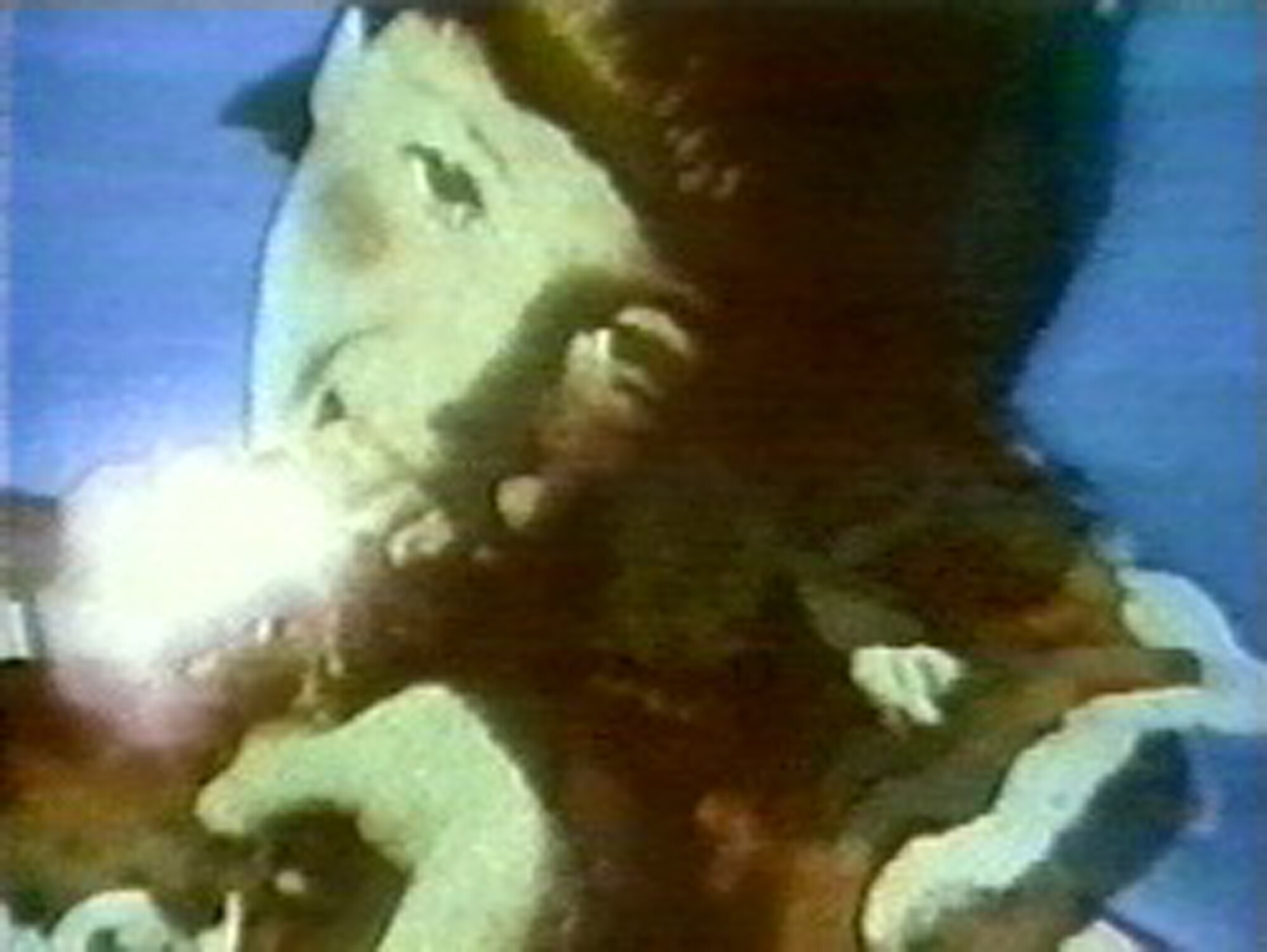 A child with short hair is smiling and holding a small animal close to their face.