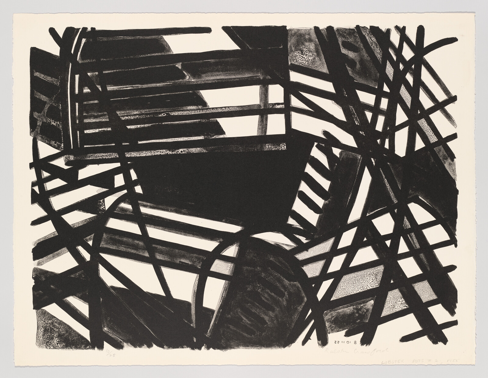 Bold black intersecting brushstrokes form a dynamic lattice across a light background.