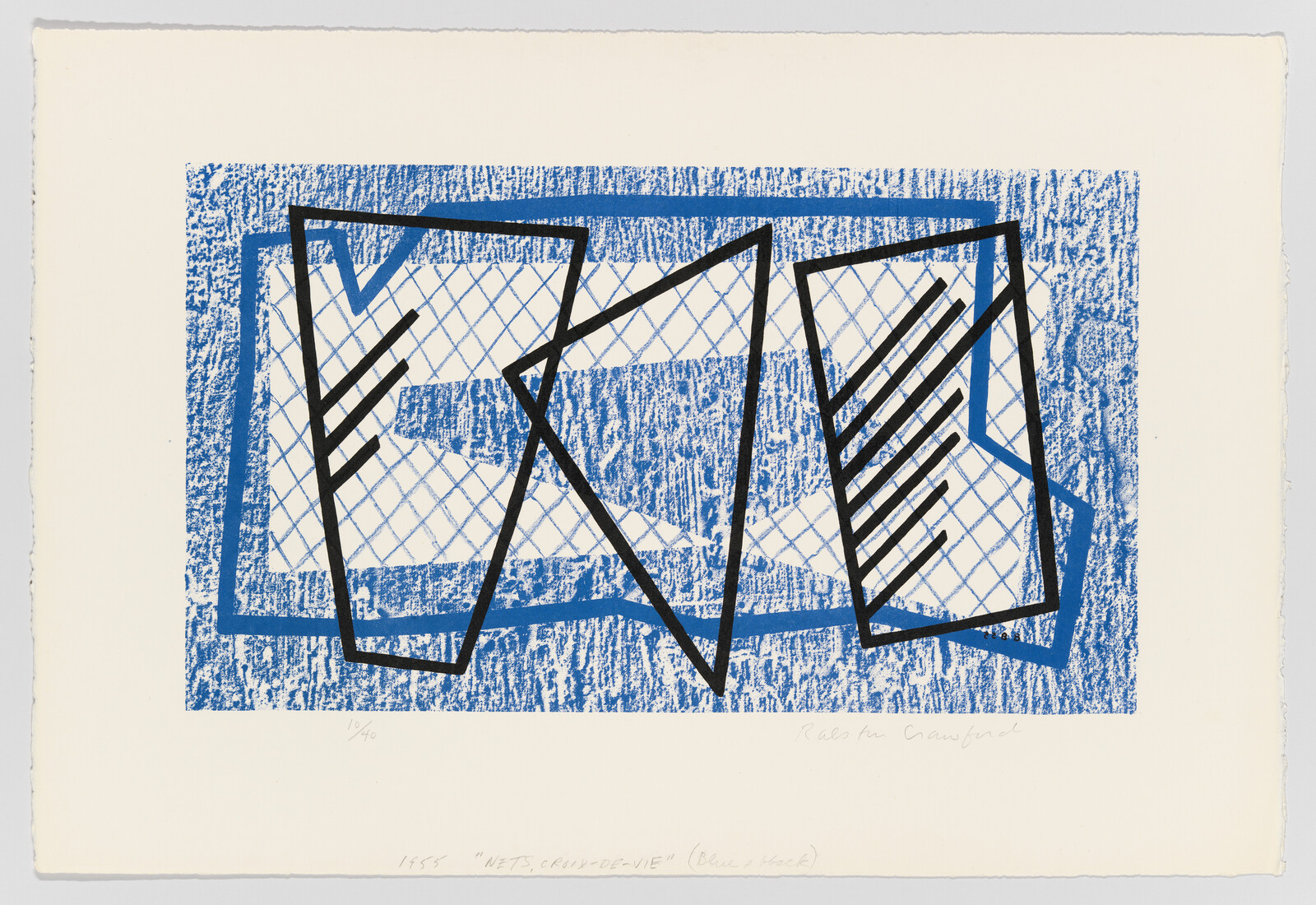 Abstract blue textured rectangle with overlapping black angular frames and diagonal hatch patterns.