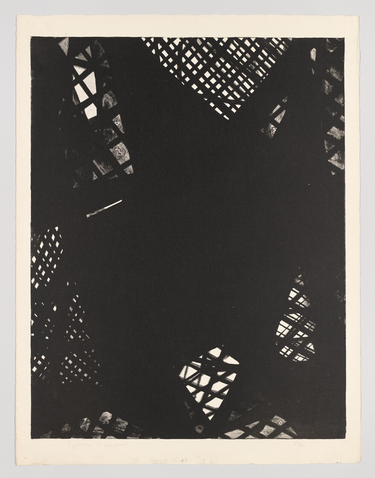 Large black abstract print with scattered lattice-shaped cutouts revealing white background.