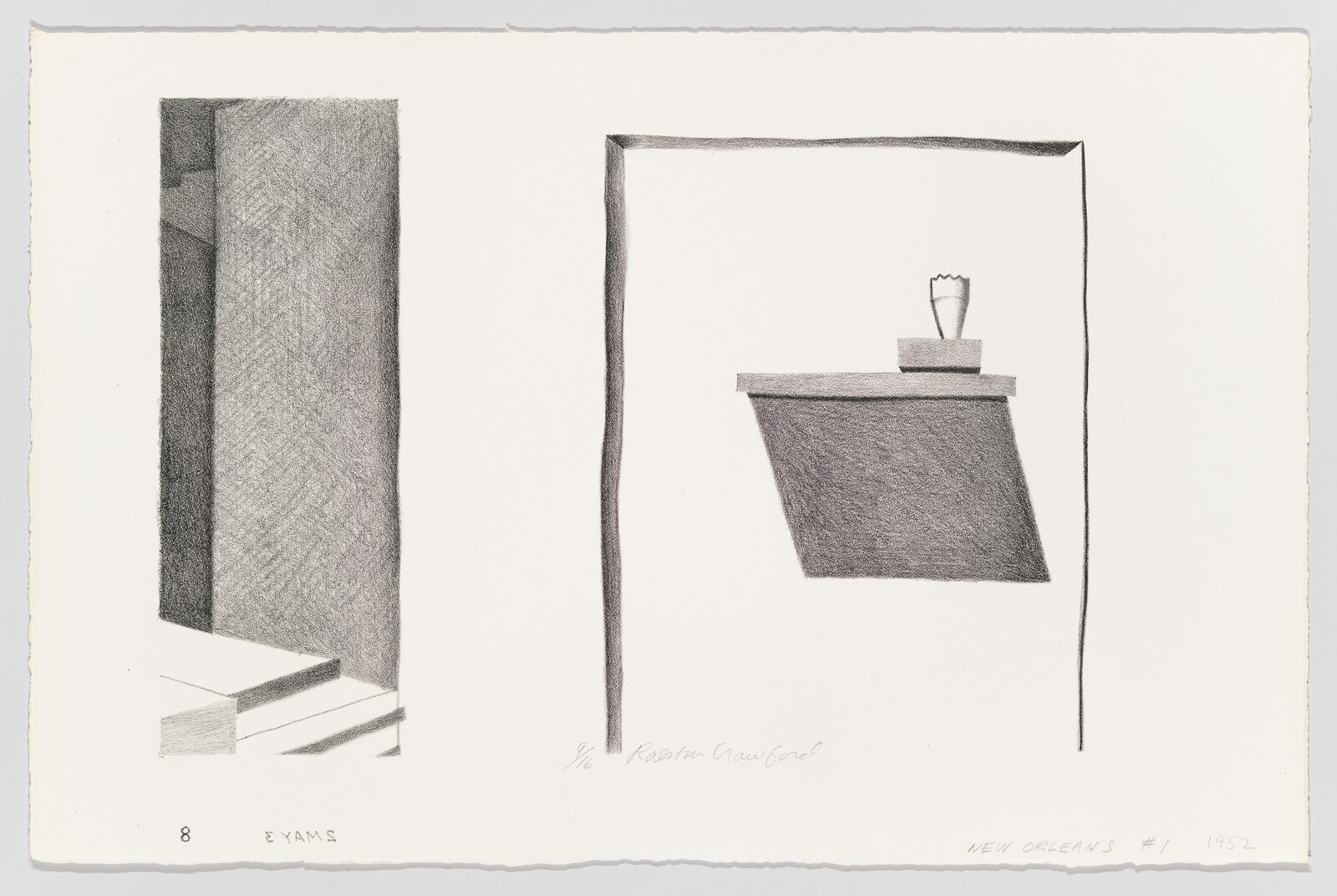 Two simple pencil drawings showing a shaded doorway with steps and a framed shelf with a vase.