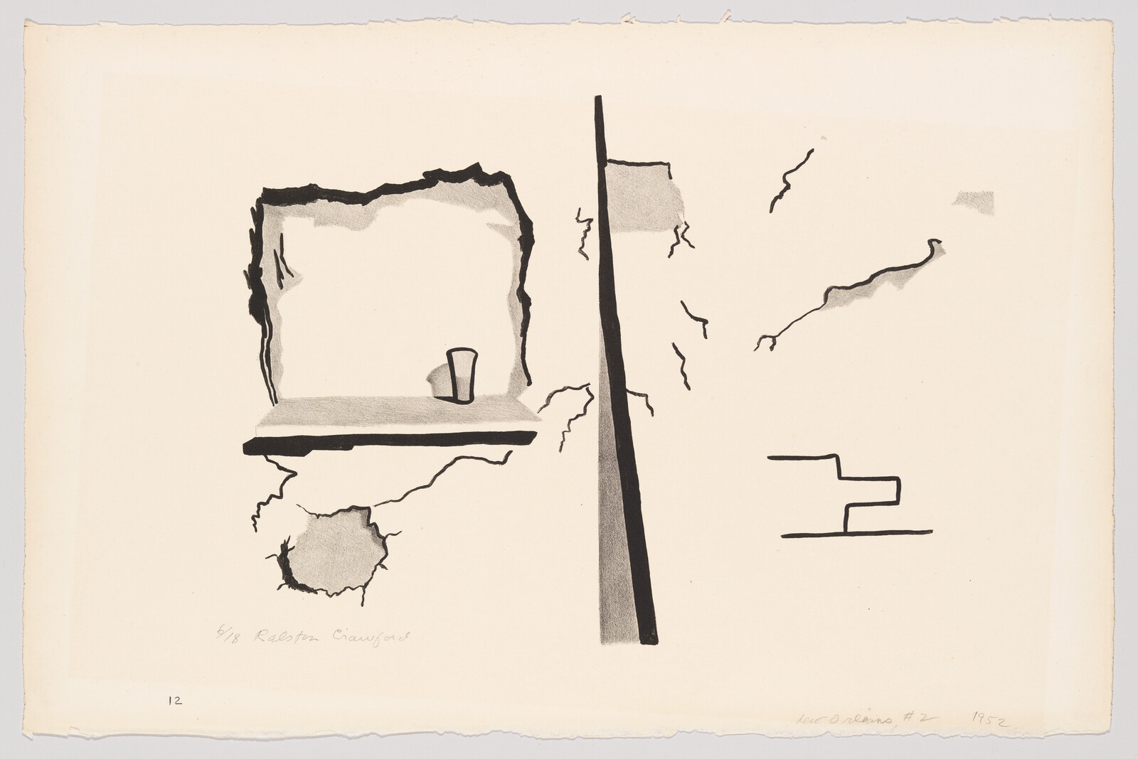 A cracked wall and shelf hold a single cup beside a tall narrow post and fissures.