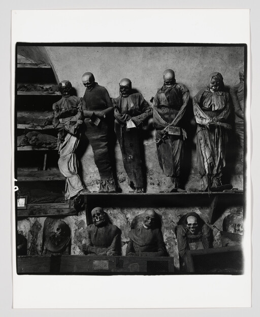Several mummified corpses dressed in old clothing stand and sit displayed in a dim crypt.