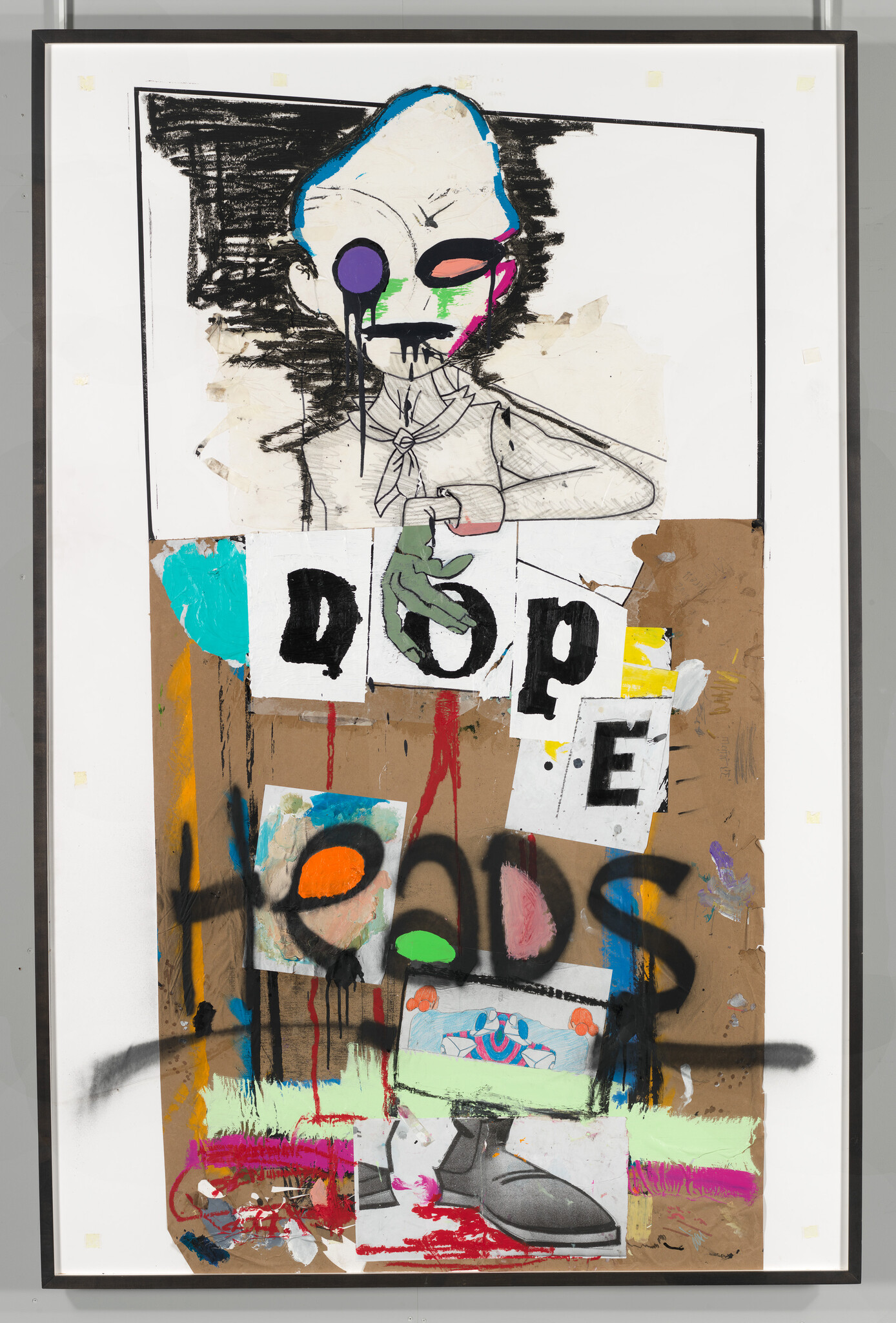 A mixed media artwork featuring a stylized figure with a skull-like face and mismatched eyes, wearing a suit. The background consists of various abstract elements, including cardboard pieces with the letters "D O P E" and the word "HOODS" spray-painted in black. The composition is a collage of different textures and colors, with drips of paint and expressive marks throughout. The piece is framed and mounted on a wall.
