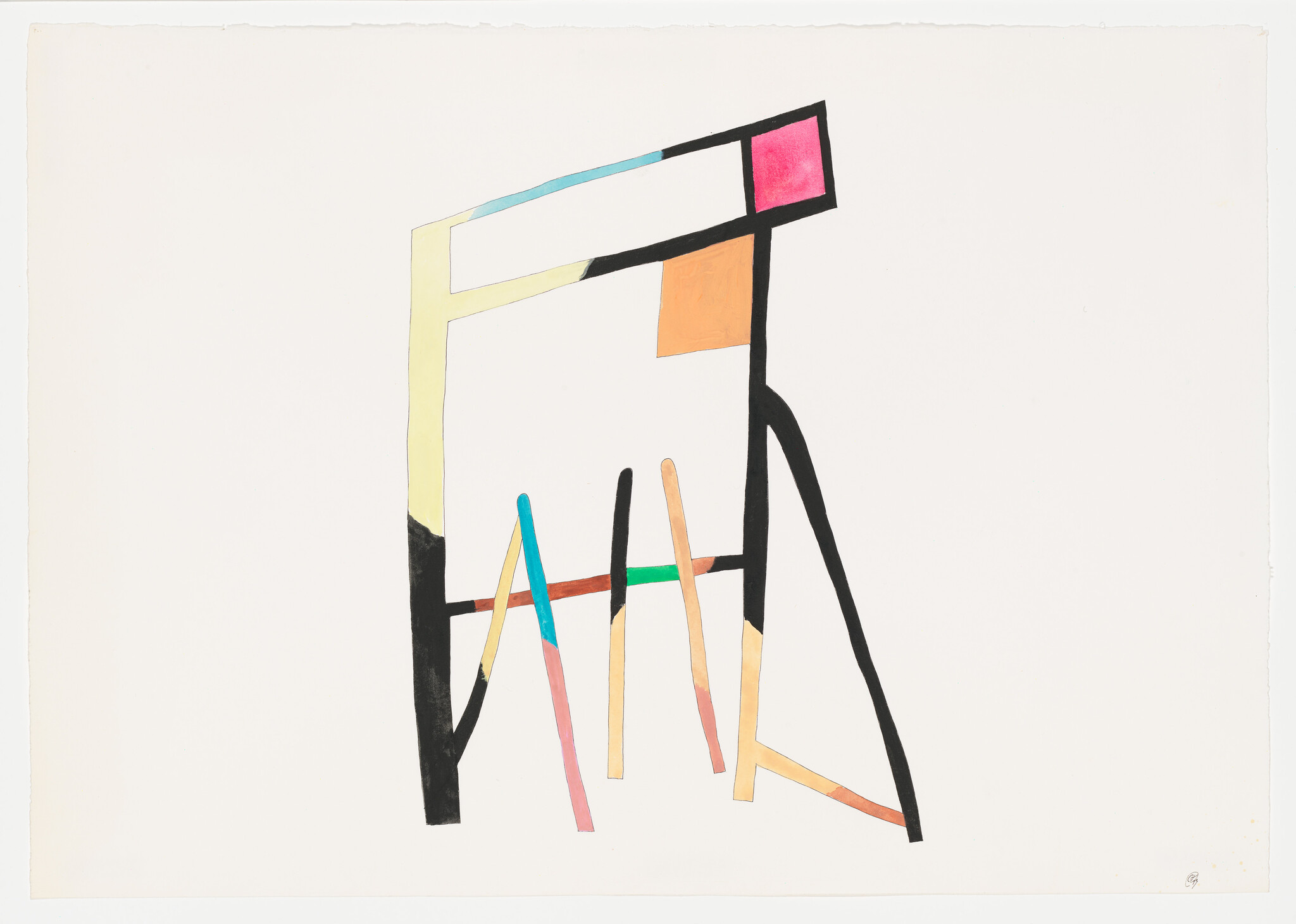 Abstract artwork featuring geometric shapes and lines in various colors such as black, yellow, pink, blue, orange, and green on a white background. The composition suggests a fragmented and stylized architectural form or structure.