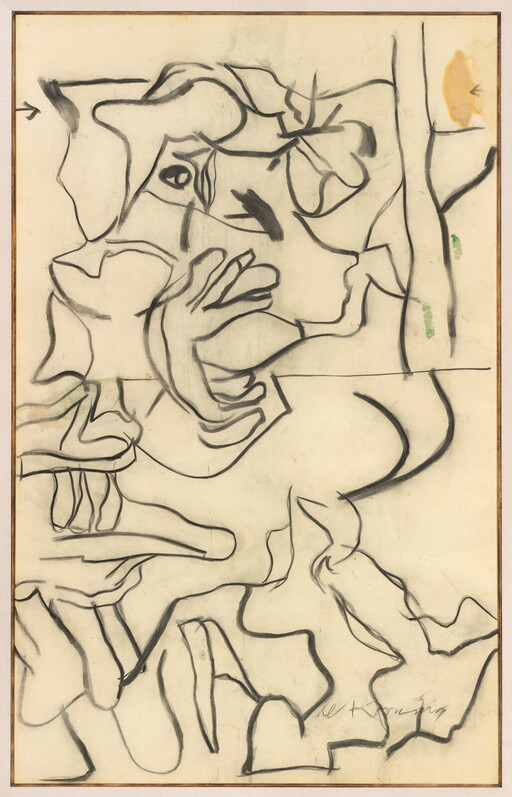 Large charcoal sketch of overlapping faces and hands drawn with bold, flowing lines.