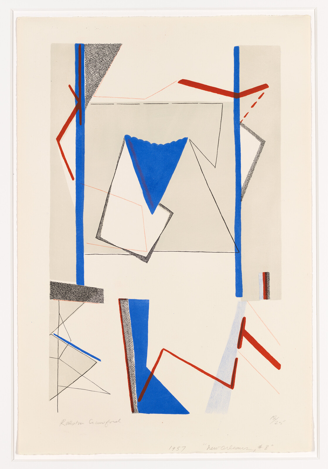 Abstract composition of blue vertical bars, a blue triangle, red zigzag lines, and black sketchy shapes.