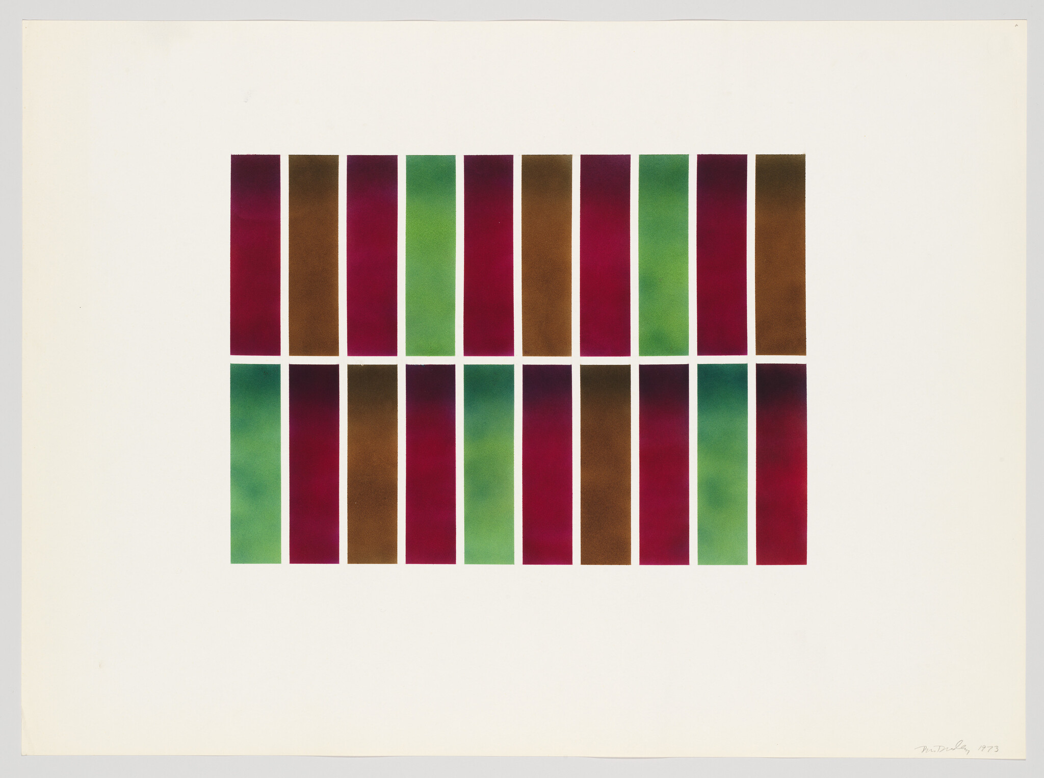 Two rows of evenly spaced vertical colored rectangles in green, brown, and magenta on white.