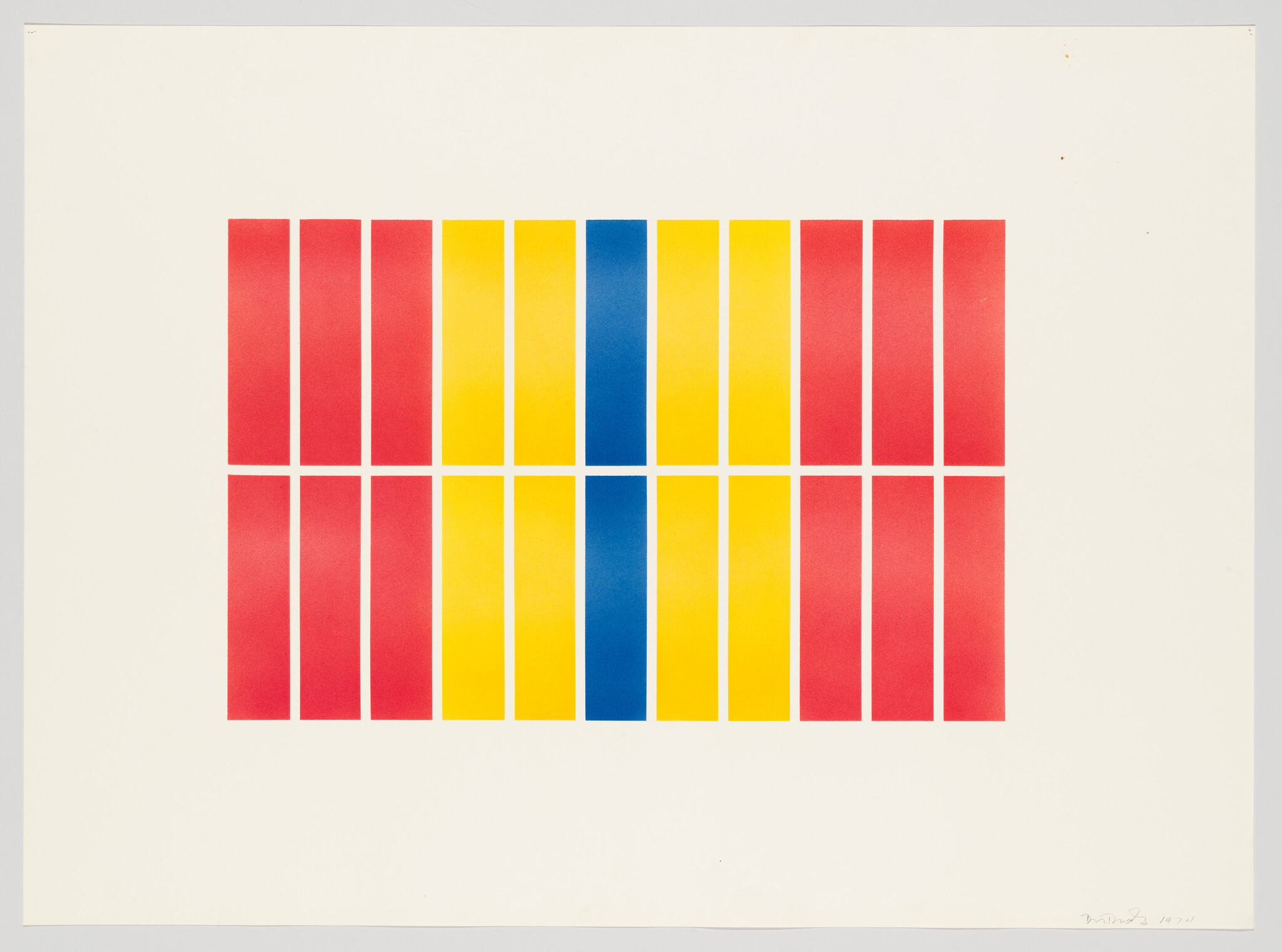 Rows of vertical red, yellow, and a central blue rectangle arranged in a symmetrical grid.
