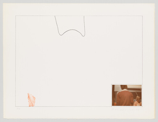 Mostly blank page featuring small photo of a person in a red sweater near seated people.