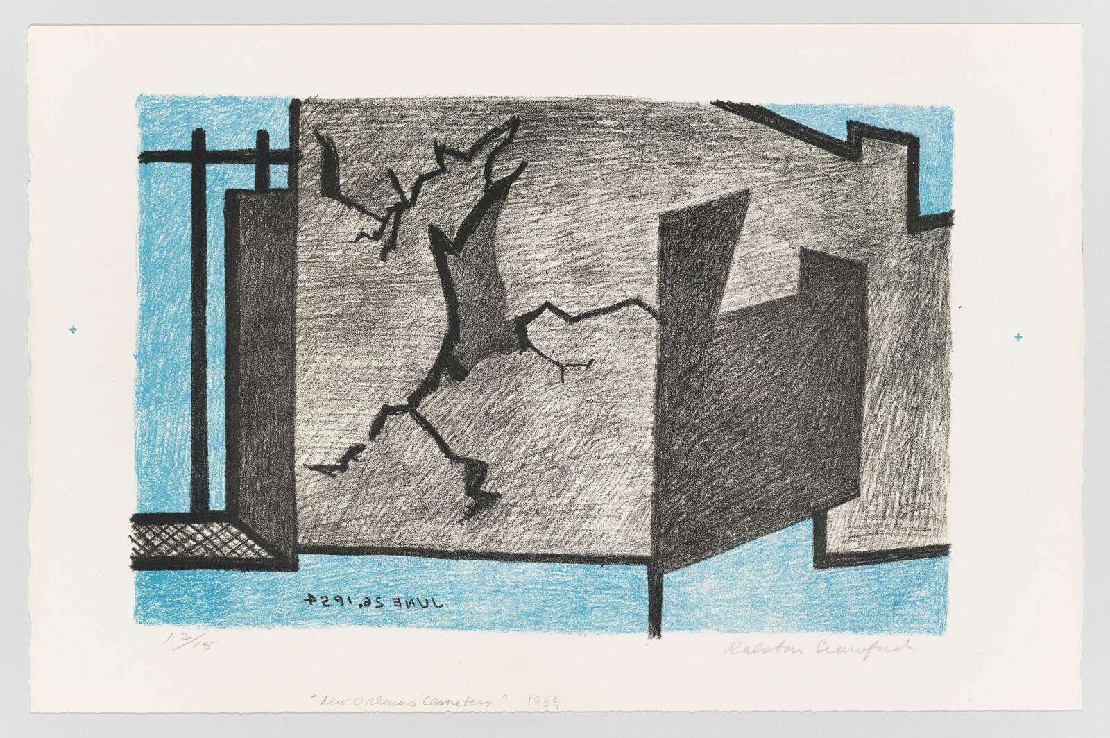 A cracked cemetery wall and bare tree silhouette against blue sky and dark tomb shapes.