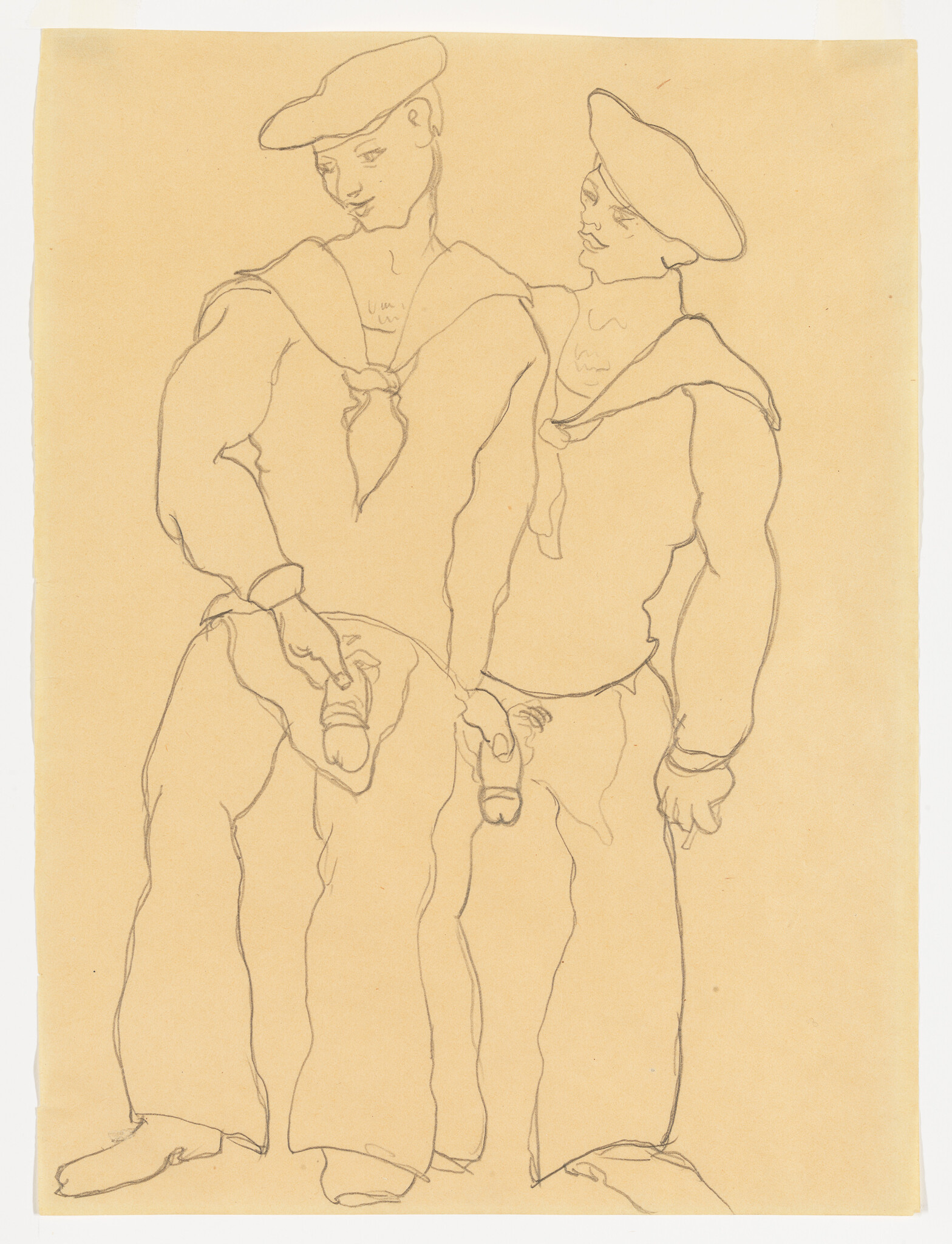 A sketch on tan paper depicting two figures standing side by side, both wearing berets and loose-fitting clothing. The figure on the left is shown in a three-quarter view with one hand on the hip and the other hanging down, while the figure on the right is in profile with both hands behind the back. The lines are loose and appear to be drawn with a pencil or charcoal, capturing the essence of the figures' postures and attire.