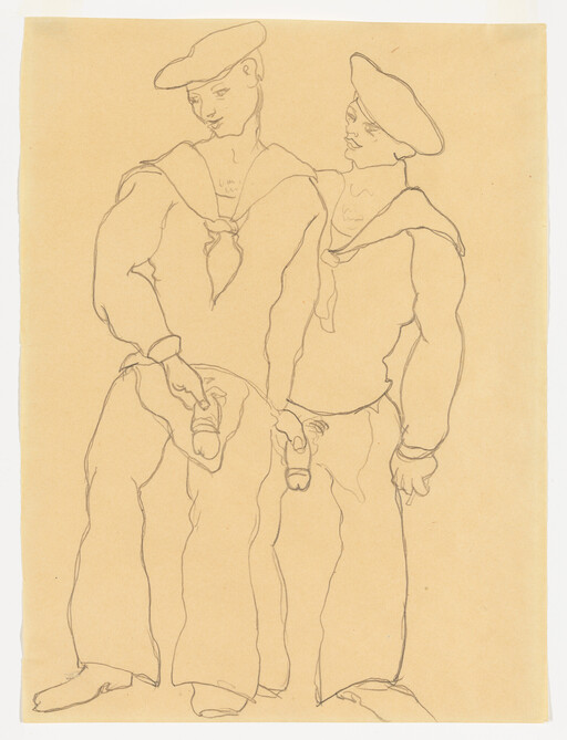 Two sailors in berets and sailor collars stand side by side, each holding his exposed genitals.