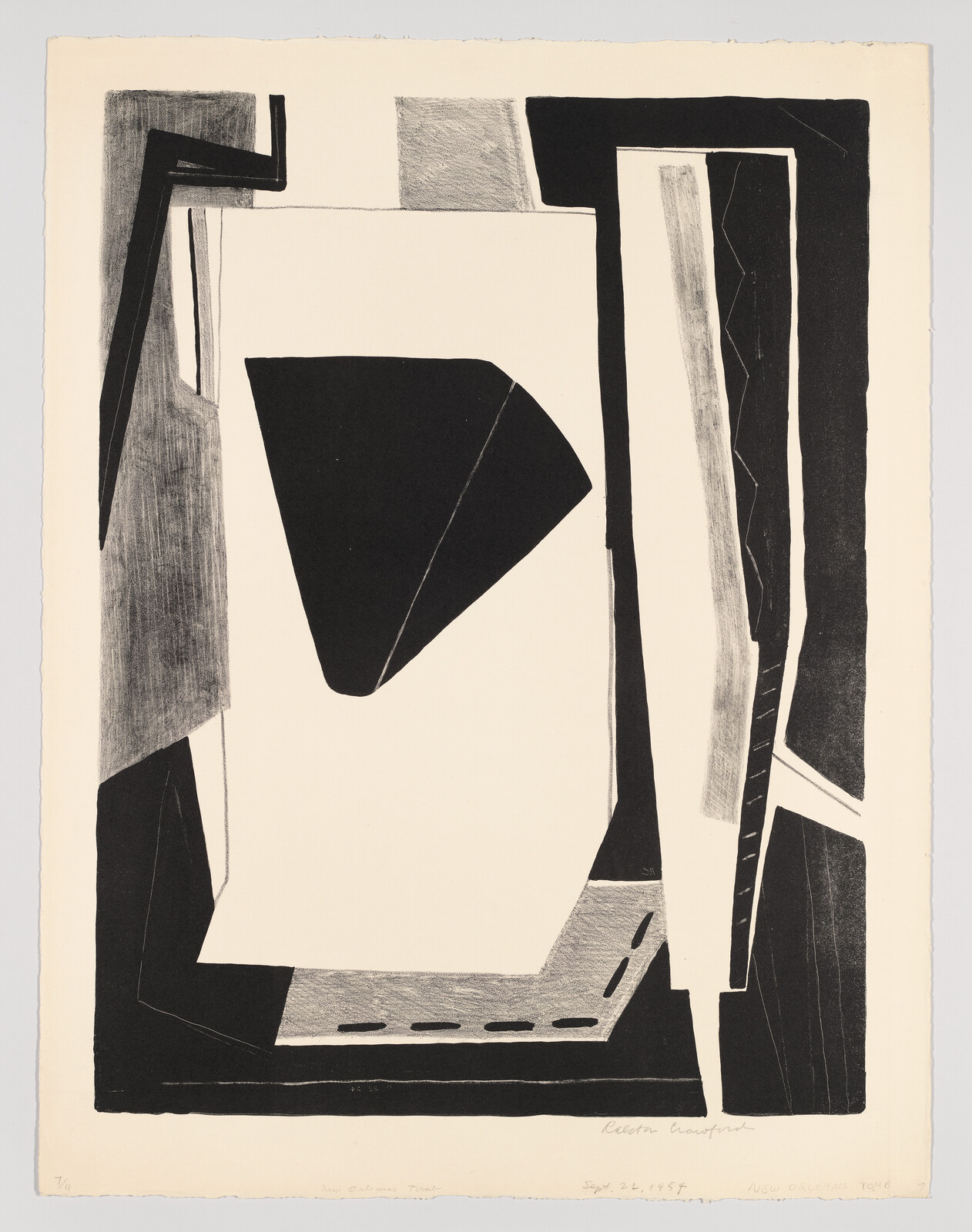 Large abstract black-and-white geometric shapes create layered rectangular and triangular forms on a cream background.