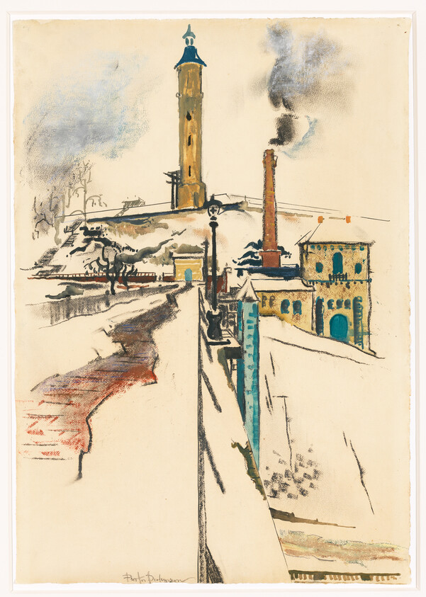 Snow-covered riverside scene with a tall tower, smokestack, and buildings along a walkway.