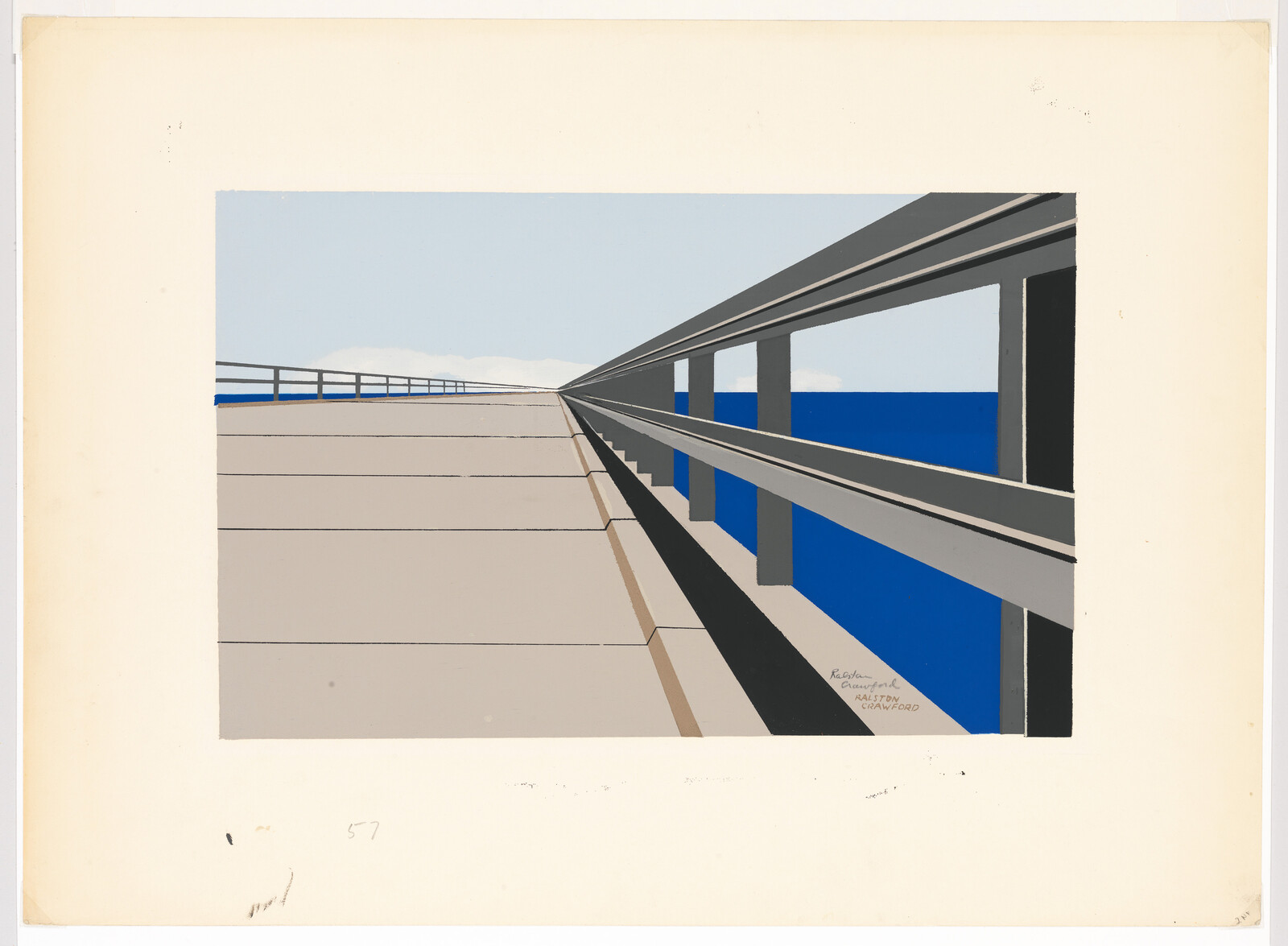 Concrete pier and railing leading to a distant vanishing point over blue ocean.