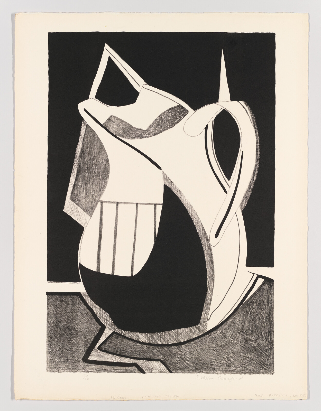 A stylized black-and-white print showing overlapping pitchers and curved shapes against a dark rectangle.