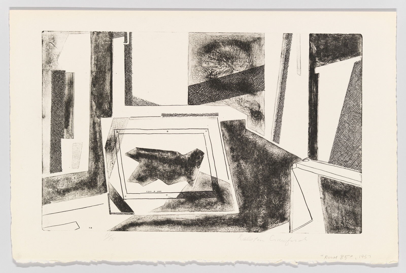 Abstract room interior with overlapping geometric shapes and a dark irregular form inside a tilted frame.