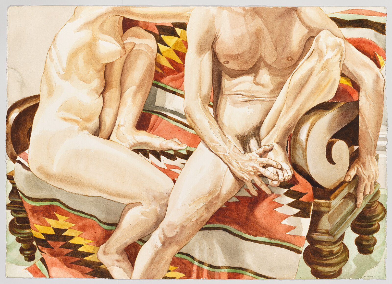 Two nude figures recline on a patterned blanket, one man holding his foot with both hands.