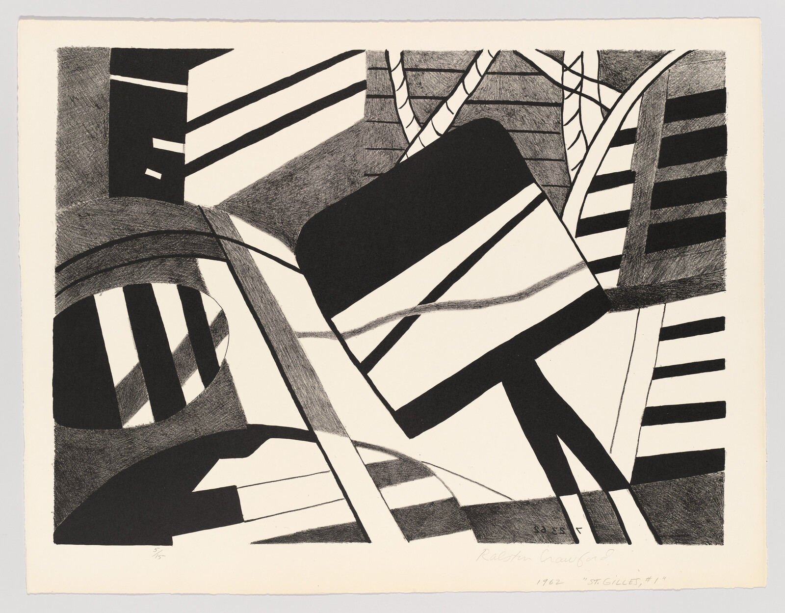 Bold black-and-white geometric shapes and diagonal stripes layered across the page.