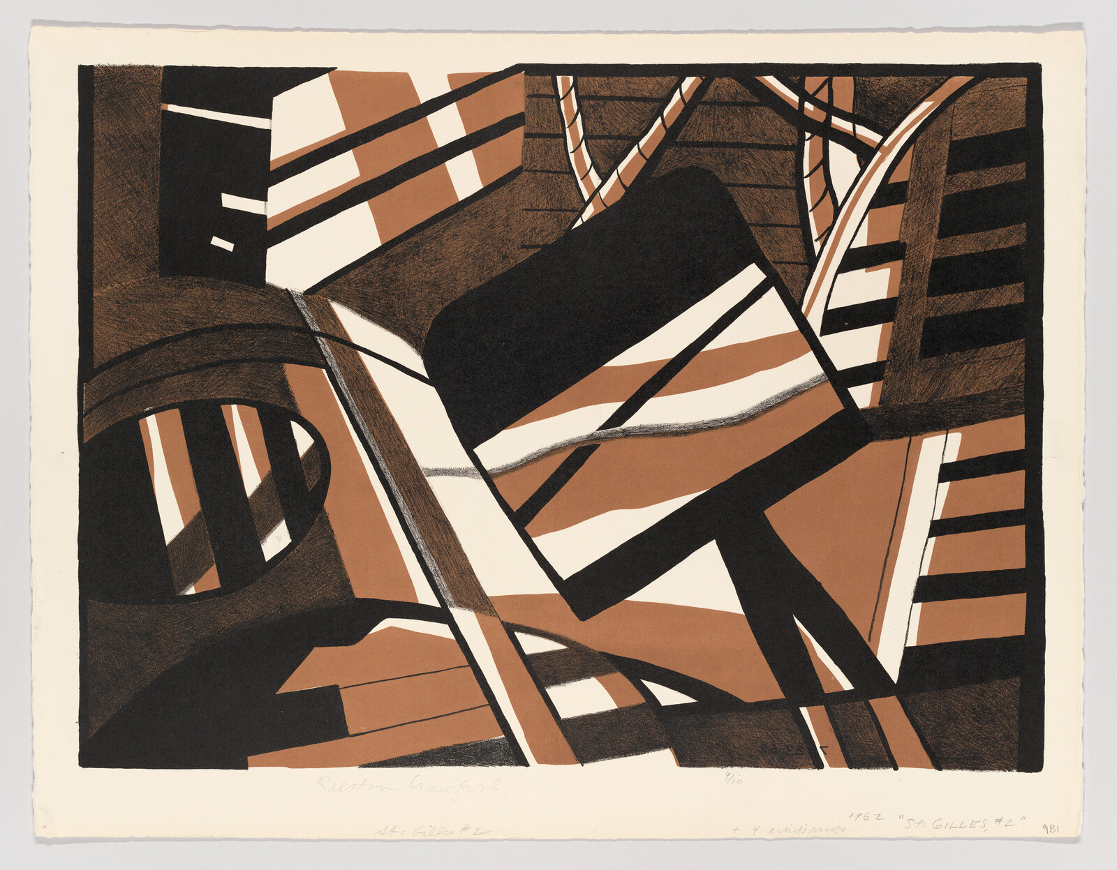 Abstract composition of overlapping black, brown, and white geometric shapes with bold diagonal and curved lines.