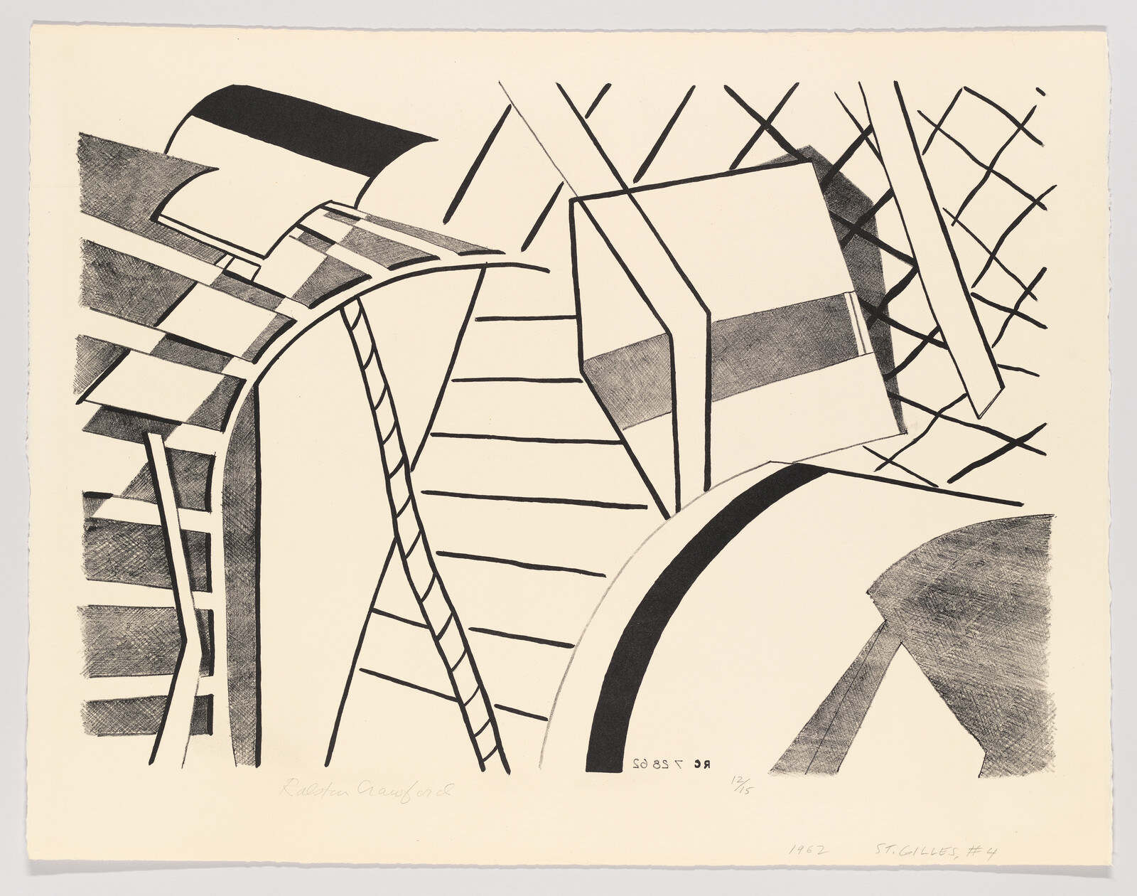 Abstract black-and-white composition of ladders, stairs, and curved geometric shapes overlapping.