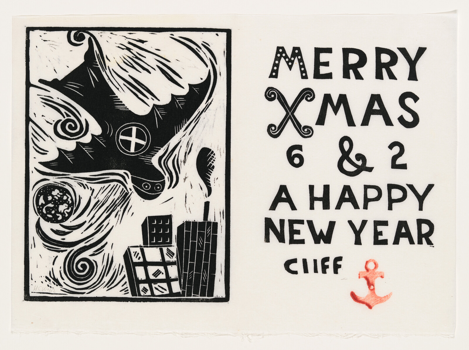 Merry Xmas & 2 a happy New Year greeting beside a black linocut sea scene with an anchor.