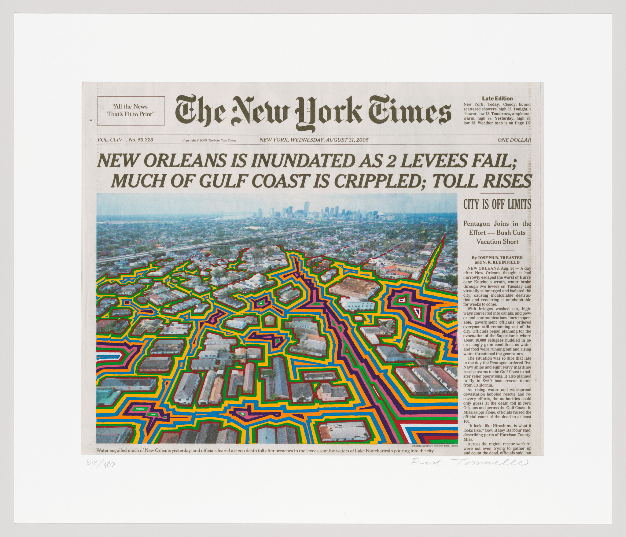 Newspaper front page shows aerial view of flooded New Orleans with colorful overlay highlighting flooded streets.