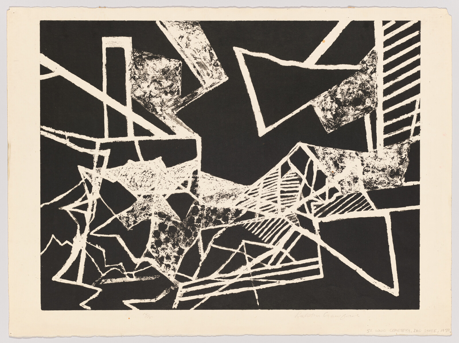 Black-and-white abstract print with overlapping angular shapes and textured blocks creating dynamic composition.
